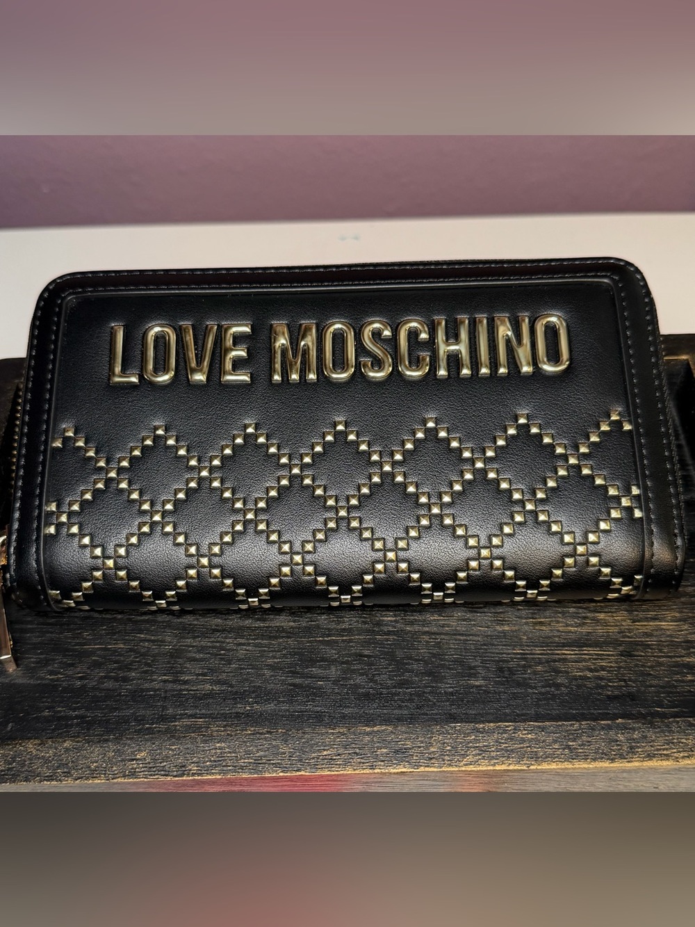 NWT Love Moschino Black Quilted Studded Wallet